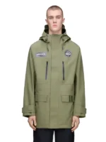 Adidas SPZL Sunnyhurst Olive Green Anorak Hooded Jacket with front zip and utility pockets.