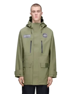 Adidas SPZL Sunnyhurst Olive Green Anorak Hooded Jacket with front zip and utility pockets.