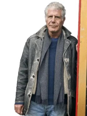 Close-up of Anthony Bourdain Leather Jacket showing the distressed leather texture and button-front style.