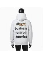 Antihero Illegal Business Controls America Hooded Sweatshirt, back print of text and eagle.