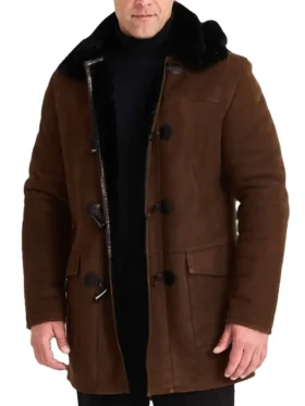 Warm brown shearling sheepskin trench coat mens, durable leather coat with black trim and patch pockets.