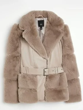 Product shot of the Chanel Cresswell Fur Jacket, featuring faux fur trim, light beige panels, and a prominent waist belt detail.