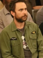 Charlie Always Sunny green jacket, a worn, olive-colored military-style jacket worn by Charlie Day.