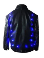 Back view of the Chris Jericho sparkly light up jacket, black leather with studded sleeves and bright Y2J blue LEDs.