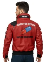 Akira Capsule Jacket featuring a vibrant red finish and the iconic pill graphic on the back.