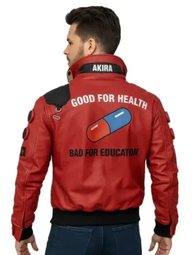 Rear view of the Cyberpunk 2077 Akira Capsule Jacket featuring the iconic red capsule and the "GOOD FOR HEALTH" quote.