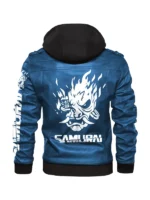 Rear view of a blue samurai jacket cyberpunk design. Features the iconic large flaming Samurai logo and 'SAMURAI' text. A vibrant cyberpunk jacket.