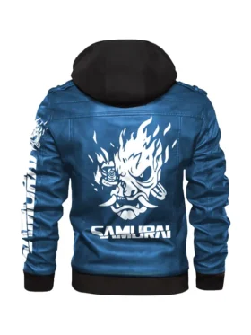 Rear view of a blue samurai jacket cyberpunk design. Features the iconic large flaming Samurai logo and 'SAMURAI' text. A vibrant cyberpunk jacket.