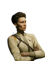 Full image of Song So Mi in the white and gold Cyberpunk V Phantom Liberty outfit. This Cyberpunk 2077 Phantom Liberty jacket is highly detailed