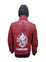 Rear view of the cyberpunk 2077 samurai jacket Red. Shows the large flaming Samurai mask logo and 'SAMURAI' text. A vibrant cyberpunk suit piece.