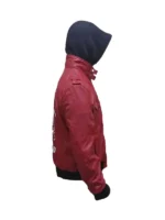 Side view of the cyberpunk 2077 samurai jacket Red with a black hood. Great cyberpunk 2077 samurai merch Red item for fans