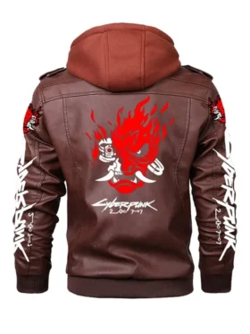 Back view of the brown cyberpunk2077 jacket with a large white flaming Samurai mask logo and 'SAMURAI' text. A stylish mens cyberpunk jacket