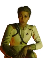 Song So Mi aims a rifle while wearing the white and gold Phantom Liberty bomber jacket. This is a tactical piece of the Cyberpunk V Phantom Liberty Jacket