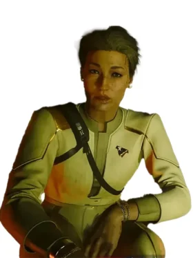 Song So Mi aims a rifle while wearing the white and gold Phantom Liberty bomber jacket. This is a tactical piece of the Cyberpunk V Phantom Liberty Jacket