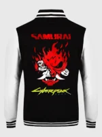 The iconic red and black Cyberpunk Night City varsity jacket featuring the flaming Samurai logo Cyberpunk varsity jacket.