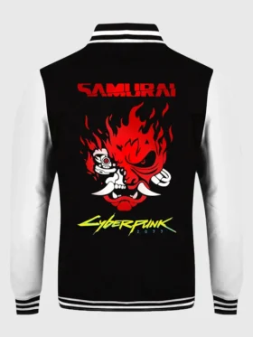 The iconic red and black Cyberpunk Night City varsity jacket featuring the flaming Samurai logo Cyberpunk varsity jacket.