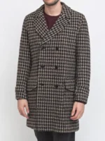 Front view of Daniel Ings Freddy Horniman check coat. This double-breasted coat is the Freddy Horniman brown houndstooth coat.