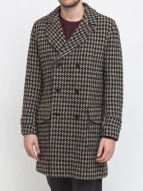 Front view of Daniel Ings Freddy Horniman check coat. This double-breasted coat is the Freddy Horniman brown houndstooth coat.