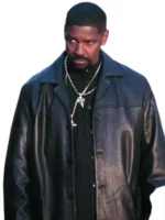 Denzel Washington Training Day Leather Coat, a black, collared trench style worn by Alonzo Harris in the film.