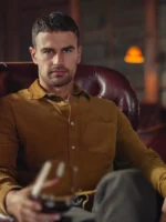 Eddie Horniman brown button up shirt worn by Theo James, a relaxed yet powerful casual brown shirt outfit in The Gentlemen.