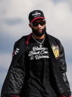 KhaDarel Hodge wearing Falcons vs 49ers pregame HBCU varsity jacket - KhaDarel Hodge HBCU Jacket