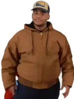 Full front of a Fanum inspired brown jacket worn as a casual Fanum NYC brown jacket outfit over a grey tee.