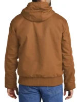 Back view of the casual, quilted Fanum brown puffer jacket featuring a prominent ribbed hem and attached hood.