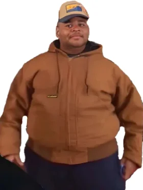 Fanum AAMP brown jacket close-up. The popular YouTuber in his signature Fanum brown hooded jacket for his NYC style.