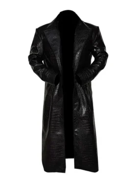 Iconic Morpheus Fishburne alligator coat with embossed leather pattern, belt design