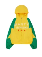 Front view of the yellow and green Marty Supreme jacket with hood.