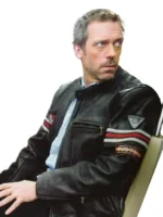 Hugh Laurie House MD leather jacket scene still, rugged mens TV series jacket closeup