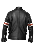 Back view House MD leather jacket replica, black biker style with orange and white arm stripes
