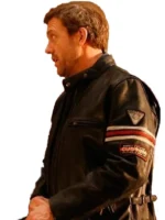 Side view House MD black leather jacket, Hugh Laurie casual biker outfit with striped sleeves