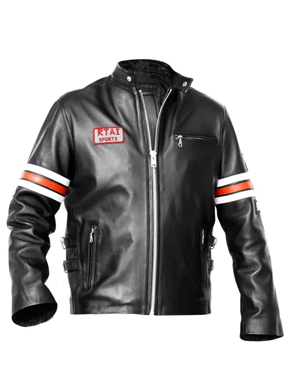House MD motorcycle style leather jacket House MD leather jacket on Hugh Laurie, casual seated look in black TV series motorcycle style