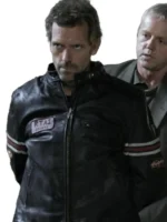 Front view House MD motorcycle style leather jacket, mens TV series outfit with sporty stripes