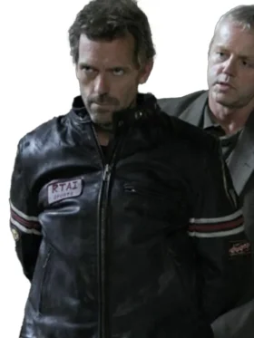 Front view House MD motorcycle style leather jacket, mens TV series outfit with sporty stripes
