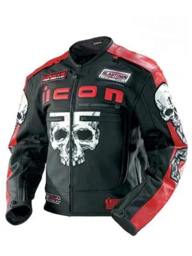 Front view Black Biker Jacket with skull graphic, red panels and racing style