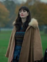 Scodelario Brown Fur Coat Glass in The Gentlemen Netflix series wearing a brown fur coat with a fur collar.