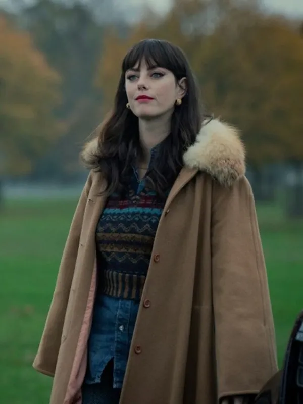 Kaya Scodelario brown fur coat Scodelario Brown Fur Coat Glass in The Gentlemen Netflix series wearing a brown fur coat with a fur collar.