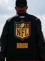 KhaDarel Hodge HBCU black letterman jacket with embroidered college logos