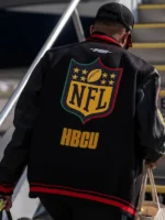 KhaDarel Hodge HBCU Pan African College varsity jacket with red, green, and black accents