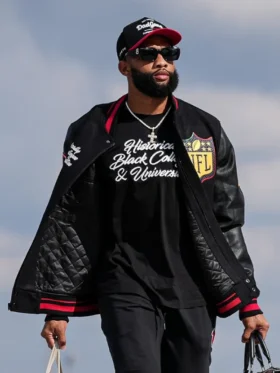 KhaDarel Hodge HBCU varsity jacket in black with embroidered patches