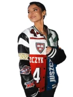 Kristin Juszczyk Kyle Juszczyk jacket. A custom varsity design featuring the name JUSZCZYK, number 44, and Super Bowl patches.