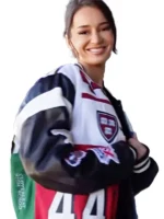 Kristin Juszczyk's Super Bowl jacket—a custom-designed, colorful varsity jacket with patches.