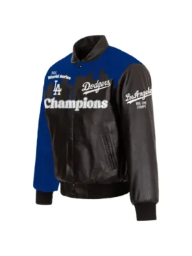 LA Dodgers 2025 World Series Champions Leather Jacket in blue and white with championship design and classic varsity style.