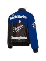 LA Dodgers Leather Jacket in blue and black with signature LA logo and varsity-inspired design.