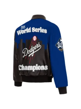 LA Dodgers Leather Jacket in blue and black with signature LA logo and varsity-inspired design.