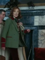 Lady Sabrina Halstead signature blazer in green tweed with a red velvet collar. This is the The Gentlemen 2024 Joely Richardson blazer.