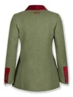 Rear view of the Lady Sabrina The Gentlemen 2024 blazer. Shows the red velvet cuffs and collar on the green tweed Joely Richardson blazer jacket.