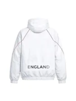 White Marty Supreme A24 warm-up England jacket back side view showing relaxed fit, smooth finish, and full-coverage sporty silhouette.